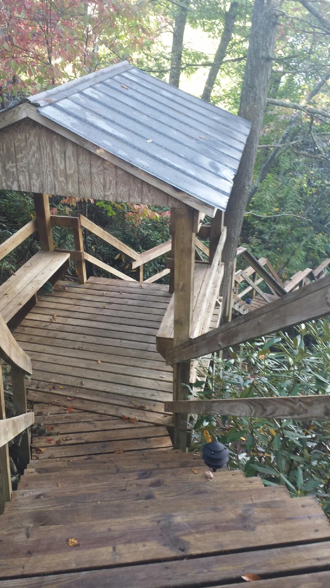 Metal roofed shelter over wooden steps on a wooded walkway — Skylight Repair & Installation work by our crew in Saint Matthews